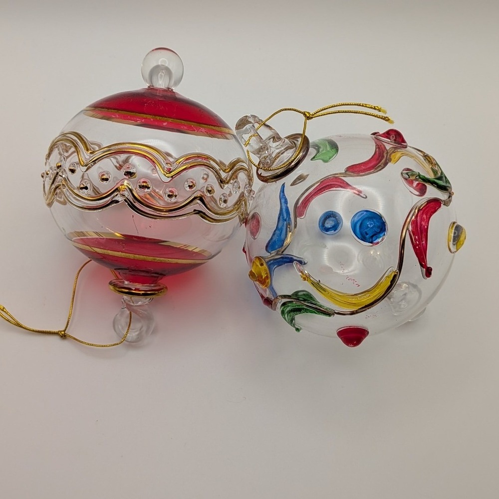 2 Hand Painted Blown Glass Christmas Ornaments Red Gold Abstract 5" Egyptian